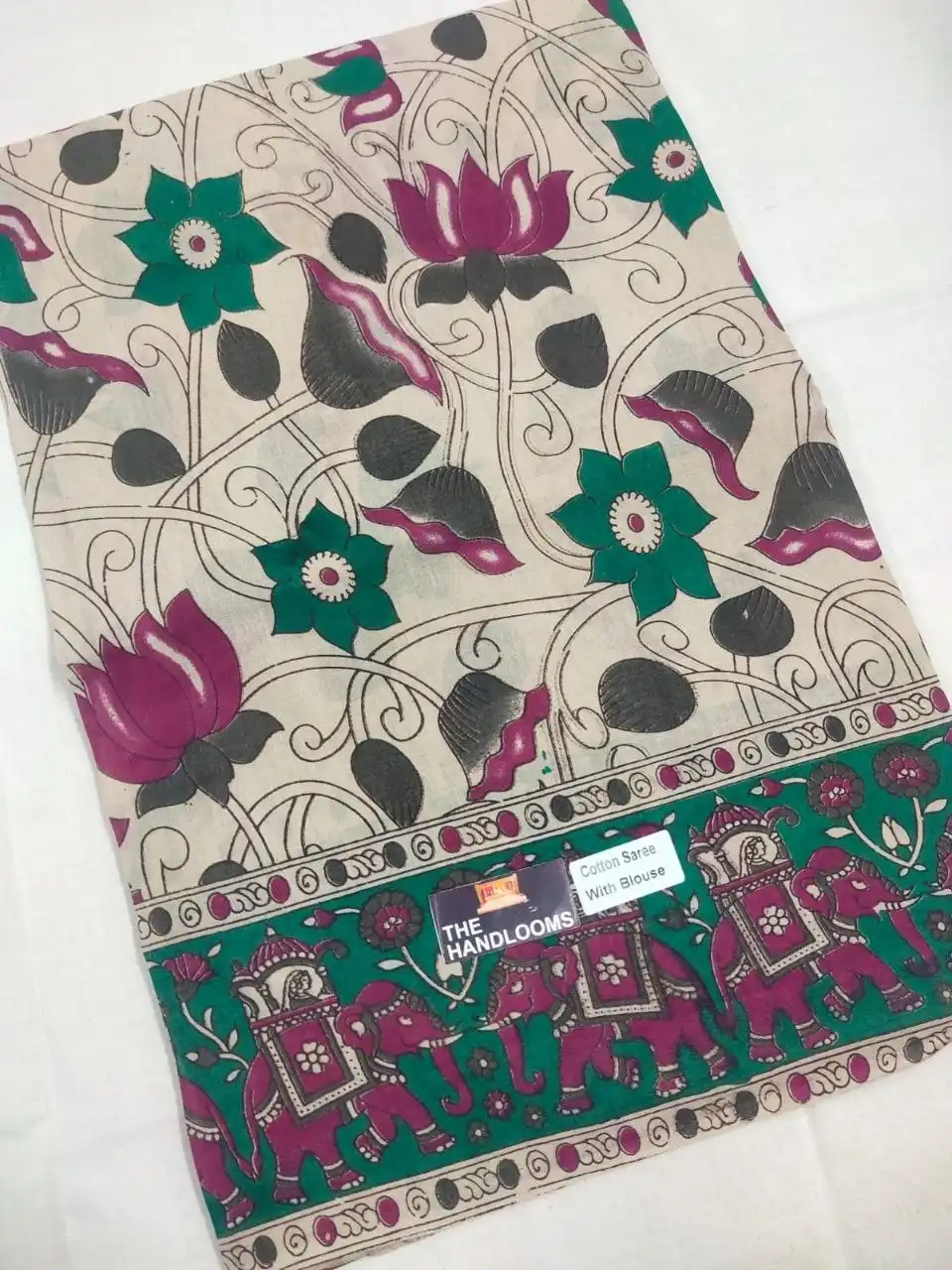 Cream Lotus Elephant Kalamkari Pure Handloom Cotton Saree